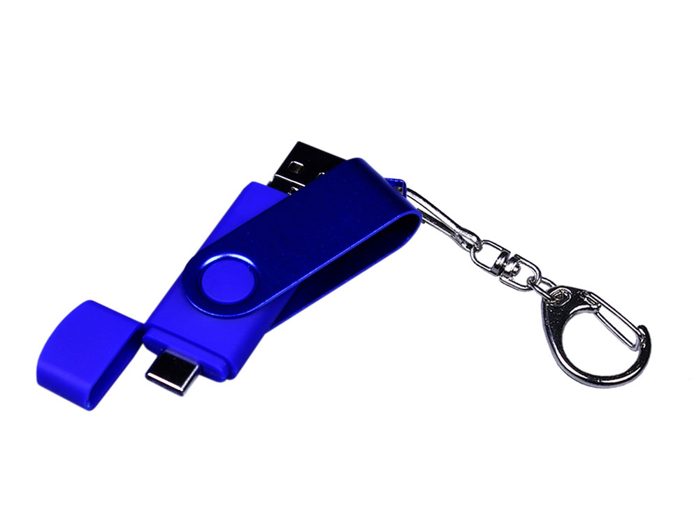 USB-флешка на 16 Гб 3 в 1 поворотный механизм, c двумя дополнительными разъемами MicroUSB и TypeC C с одноцветным металлическим клипом, синий