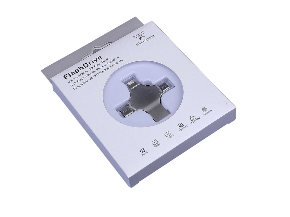 USB-флешка на 256 Гб 4 в 1 поворотный механизм, c дополнительными разъемами MicroUSB, TypeC и Lightning, серебристый