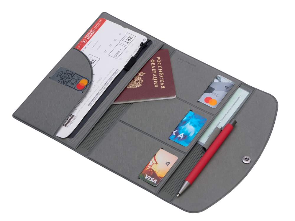 Органайзер для документов на кнопке с отделением для купюр и ручки, упаковка в индивидуальный пакет, серый